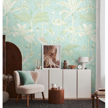 Fototapet verde cu pauni si flamingo - decorare